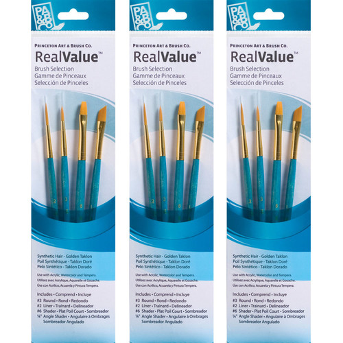 Princeton Realvalue Brush Set, Gold Taklon Bristles, Short Handle Mixed Media Paintbrush, Blue, 4 Per Set, 3 Sets PBXPR9173-3