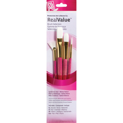 Princeton Realvalue Brush Set, White Taklon Bristles, Short Handle Mixed Media Paintbrush, Pink, 4 Pieces PBXPR9182