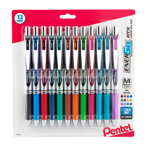 Pentel Energel Rtx Retractable Liquid Gel Pen, (0.7Mm) Medium Line, Assorted Ink, 12-Pack PENBL77BP12M