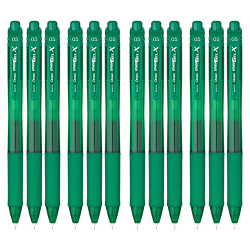 Pentel Energel-X Retractable Liquid Gel Pen, (0.5Mm) Needle Tip, Fine Line, Green Ink, 1 Dozen PENBLN105D