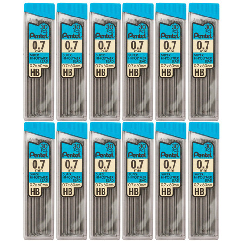 Pentel Hb Super Hi-Polymer Leads, 0.7Mm, Black, 30 Leads Per Pack, 12 Packs PENC27HB-12