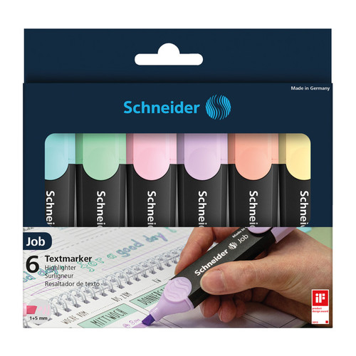 Schneider Job Pastel Highlighter, 1 + 5 Mm Chisel Tip, 6 Assorted Ink Colors (Turquoise, Mint, Lavender, Light Pink, Peach, Vanilla) PSY115097