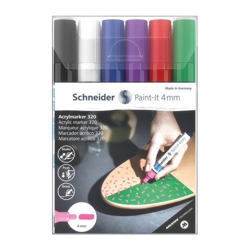 Schneider Paint-It 320 Acrylic Markers, 4 Mm Bullet Tip, Wallet, 6 Assorted Ink Colors PSY120295