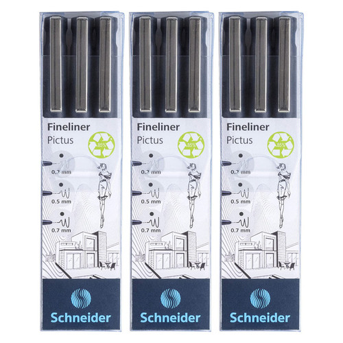 Schneider Pictus Fineliners, Wallet, Black Ink, Assorted Sizes, 3 Per Pack, 3 Packs PSY197593-3