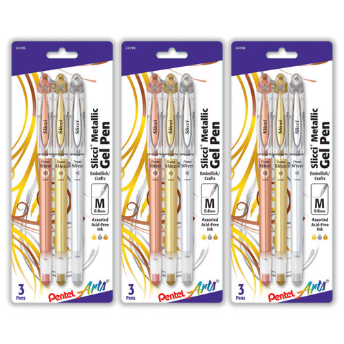 Pentel Slicci Metallic Gel Pen, Med 0.8Mm Needle Tip, Assorted Ink (E/X/Z), 3 Per Set, 3 Sets PTABG208BP3M-3