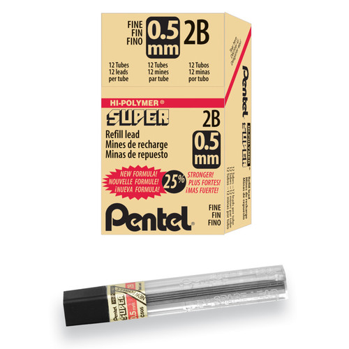 Pentel Super Hi-Polymer Lead Refill (0.5Mm) Fine, 2B, 12 Pieces/Tube, 12 Tubes/Box PTAC5052B
