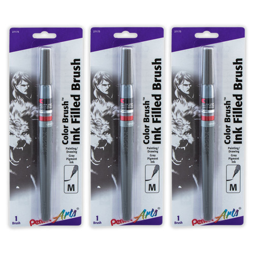 Pentel Color Brush With Pigment Ink, Medium Tip, Gray, Pack Of 3 PTAGFPBP137-3