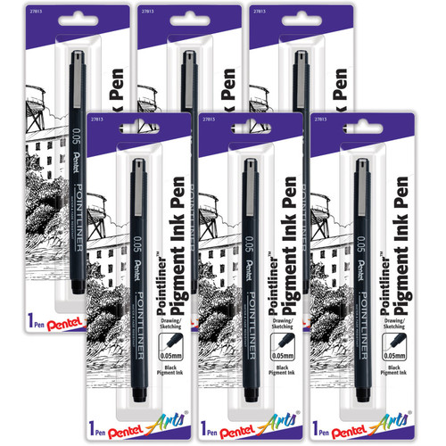 Pentel Pointliner Pen, 0.05Mm, Black Pigment Ink, Pack Of 6 PTAS20P05BPA-6