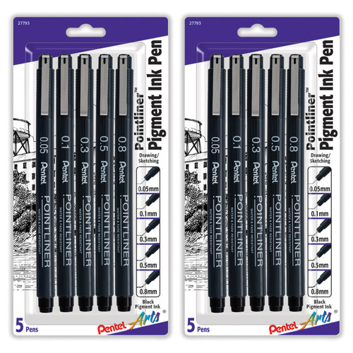 Pentel Pointliner Pen, Assorted Sizes, Black Pigment Ink, 5 Per Set, 2 Sets PTAS20PBP5A-2