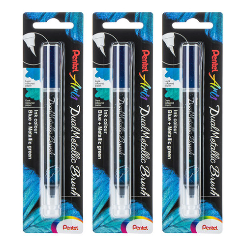 Pentel Dualmetallic Brush, Blue/Metallic Green Ink, Pack Of 3 PTAXGFHBPDCX-3