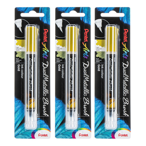Pentel Dualmetallic Brush, Gold Ink, Pack Of 3 PTAXGFHBPDXX-3