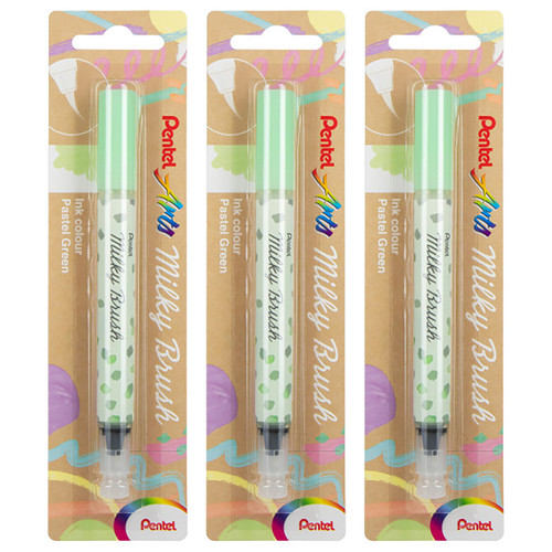 Pentel Milky Brush Pen, Pastel Green Ink, Pack Of 3 PTAXGFHBPPKX-3