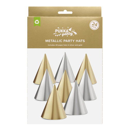 Pukka Metallic Silver & Gold Party Hats, 24 Pieces PUKPTY649