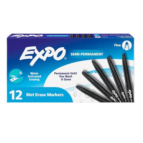 Expo Vis-A-Vis Wet Erase Markers, Fine Point, Black, 12 Count SAN2211316