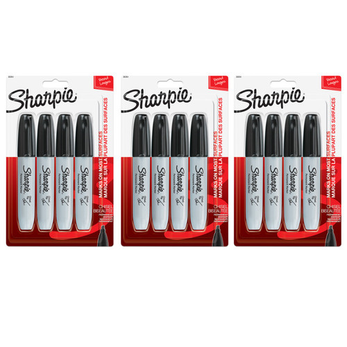 Sharpie Chisel Tip Permanent Marker, Black, 4 Per Pack, 3 Packs SAN38264-3