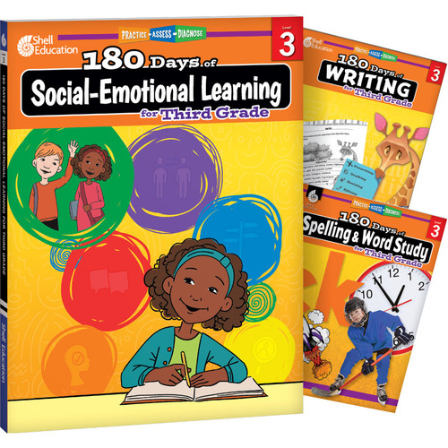 Shell 180 Days Social-Emotional Learning, Writing, & Spelling Grade 3: 3-Book Set SEP147655