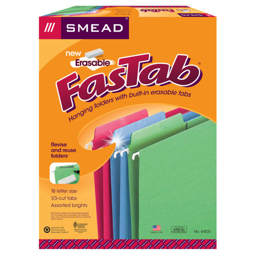 Smead Erasable Fastab Hanging File Folder, 1/3-Cut Built-In Tab, Letter Size, Assorted Colors, Box Of 18 SMD64031