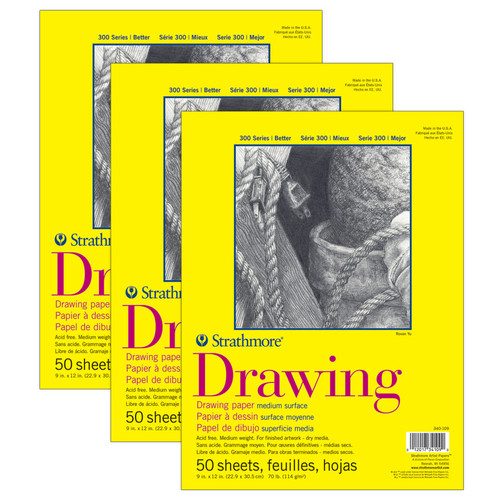Strathmore 300 Series Drawing Pad, Glue Binding, 50 Sheet, 9X12 Inch, Pack Of 3 STTP3401091-3