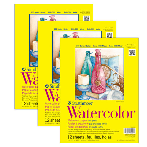 Strathmore 300 Series Watercolor Pad, Cold Pressed, Tape Binding, 12 Sheet, 9X12 Inch, Pack Of 3 STTP36010903-3