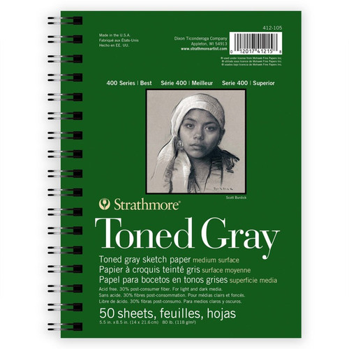 Strathmore 400 Series Sketch Paper Pad, Recycled, Toned Gray, Side Wire Binding, 50 Sheet, 5.5X8.5 Inch, 1 Count STTP412105