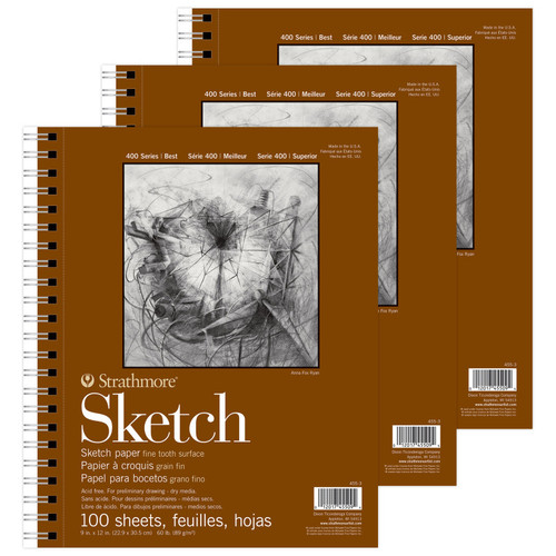 Strathmore 400 Series Sketch Pad, Side Wire Binding, 100 Sheet, 9X12 Inch, Pack Of 3 STTP455303-3