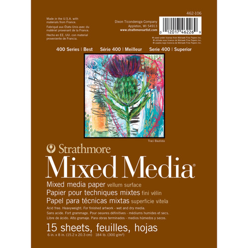Strathmore 400 Series Mixed Media Pad, Glue Binding, 15 Sheet, 6X8 Inch, 1 Count STTP46210606