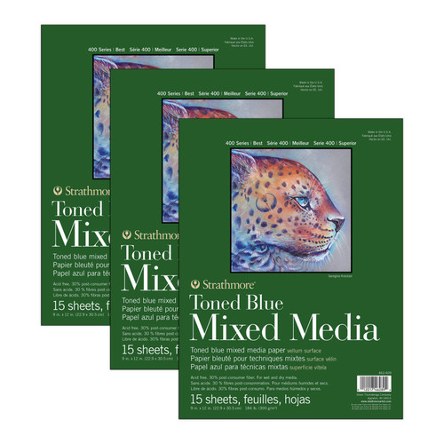 Strathmore 400 Series Mixed Media Pad, Toned Blue, Glue Binding, 15 Sheet, 9X12 Inch, Pack Of 3 STTP46240903-3