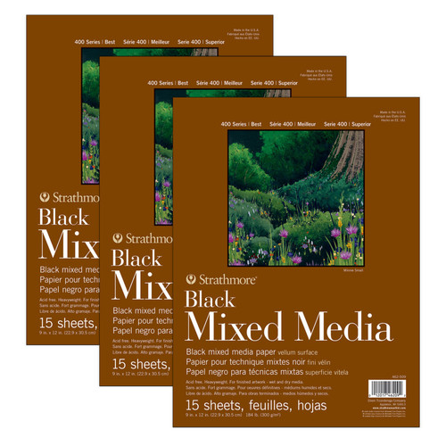 Strathmore 400 Series Mixed Media Pad, Black, Glue Binding, 15 Sheet, 9X12 Inch, Pack Of 3 STTP46250903-3
