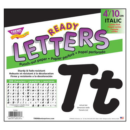 Trend Black 4-Inch Italic Uppercase/Lowercase Combo Pack (En/Sp) Ready Letters T-2703