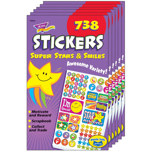 Trend Super Stars & Smiles Sticker Pad, 738 Stickers Per Pad, 6 Pads T-5010-6