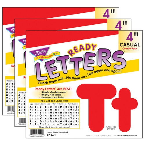 Trend Red 4-Inch Casual Uppercase/Lowercase Combo Pack Ready Letters, 182 Per Pack, 3 Packs T-79902-3