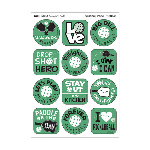 Trend Pickleball Dill-Ight, Dill Pickle Scent Scratch 'N Sniff Stinky Stickers, Pack Of 48 T-83048