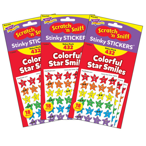 Trend Colorful Star Smiles Stinky Stickers Variety Pack, 432 Per Pack, 3 Packs T-83904-3