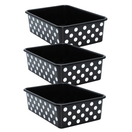 Teacher White Polka Dots On Black Large Plastic Storage Bin, Pack Of 3 TCR20420-3