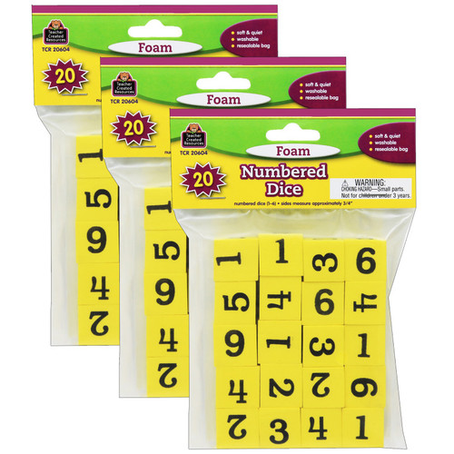 Teacher Foam Numbered Dice (1-6), 20 Per Pack, 3 Packs TCR20604-3