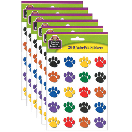 Teacher Colorful Paw Print Stickers Valu-Pak, 260 Pieces Per Pack, 6 Packs TCR4973-6