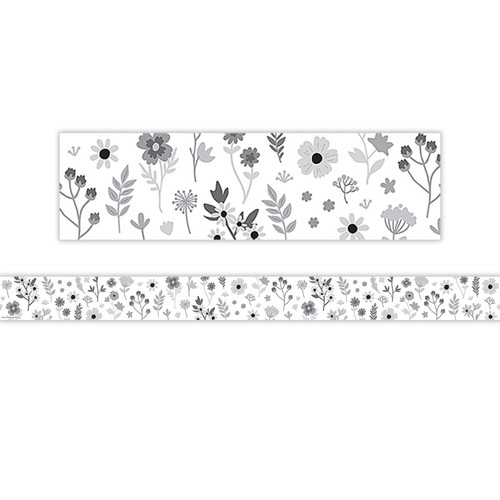 Teacher Black And White Floral Straight Border Trim, 35 Feet TCR6808