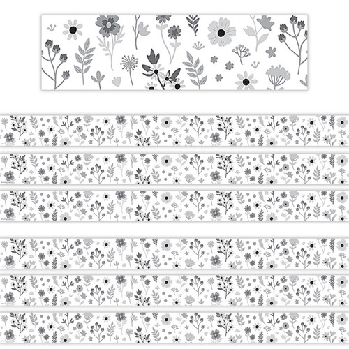 Teacher Black And White Floral Straight Border Trim, 35 Feet Per Pack, 6 Packs TCR6808-6