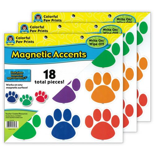Teacher Colorful Paw Prints Magnetic Accents, 18 Per Packs, 3 Packs TCR77207-3
