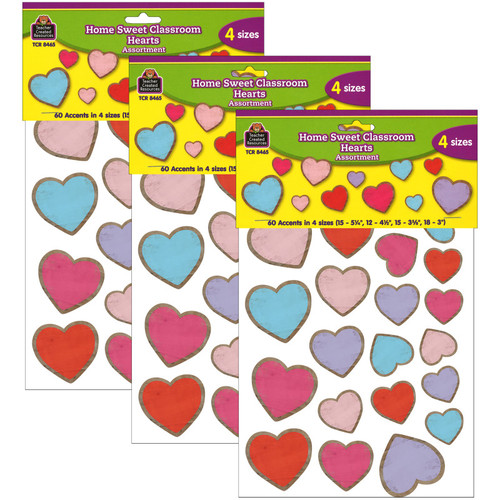 Teacher Home Sweet Classroom Hearts Accents, Assorted Sizes, 60 Per Pack, 3 Packs TCR8465-3