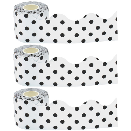 Teacher Black Polka Dots On White Scalloped Rolled Border Trim, 50 Feet Per Roll, Pack Of 3 TCR8946-3