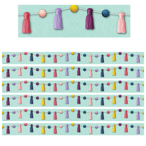 Teacher Oh Happy Day Pom-Poms And Tassels Straight Border Trim, 35 Feet Per Pack, 6 Packs TCR9086-6