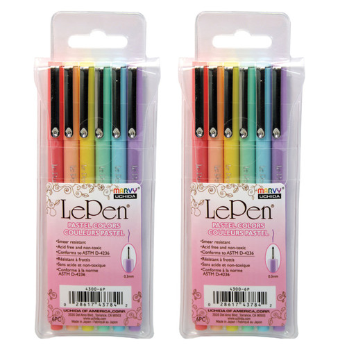 Marvy Lepen Micro-Fine Point Pen, Pastel, 6 Per Pack, 2 Packs UCH43006P-2