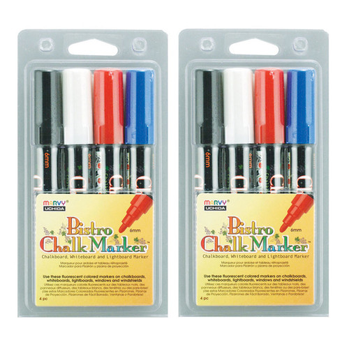 Marvy Broad Point Chalk Marker Broad Tip Set 4C, Basic Colors, 4 Per Pack, 2 Packs UCH4804C-2