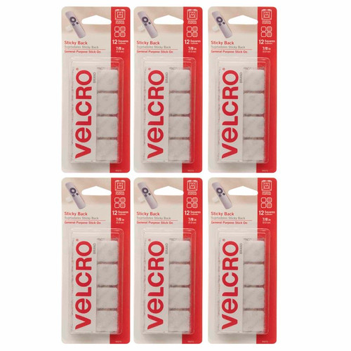 Velcro Sticky Back Square Fasteners, 7/8", White, 12 Per Pack, 6 Packs VEC90073-6