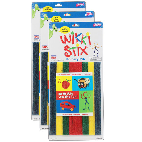 Wikki Wikki Stix, Primary Colors, 8", 48 Per Pack, 3 Packs WKX803-3