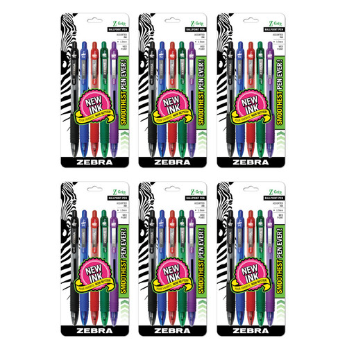 Zebra Z-Grip Ballpoint Retractable Pen, 1.0Mm, Assorted, 5 Per Pack, 6 Packs ZEB22205-6
