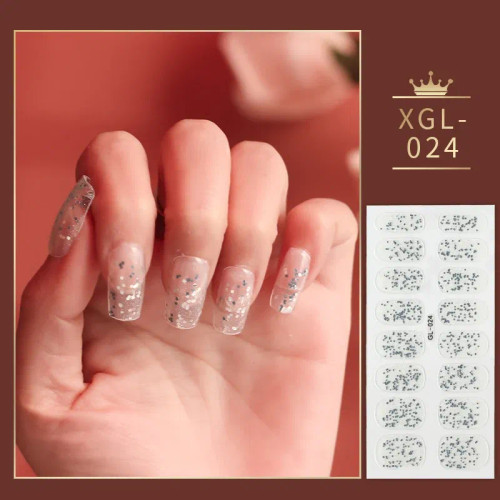 Light Yellow - 16 Tips/ Sheet Full Cover Nail Stickers Glitter Nail Decoration Creative Decals Self Adhesive Nail Art Stickers For Manicure By WTB