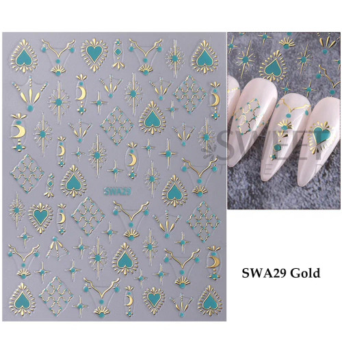 White - Metallic Bohemian Style Nail Sticker Gold Silver Lace Lines Green Gem Love Heart 3D Holographic Manicure Sliders Nail Decoration By WTB