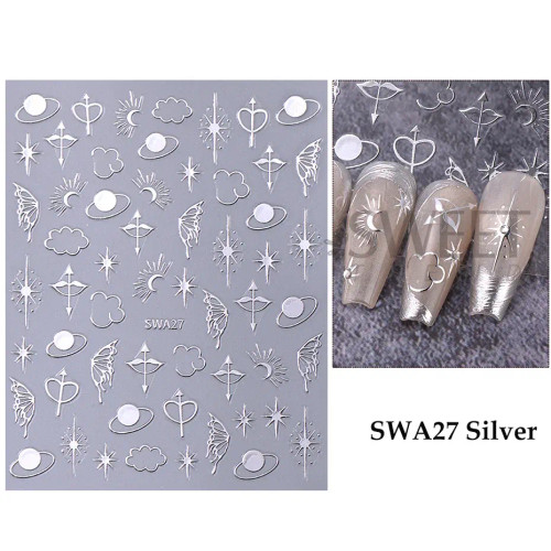 Dark Grey - Metallic Bohemian Style Nail Sticker Gold Silver Lace Lines Green Gem Love Heart 3D Holographic Manicure Sliders Nail Decoration By WTB